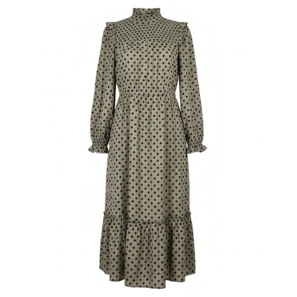 By The River Olive Green Polka Dot Midi Dress Smocked Waist M Tiered Victorian